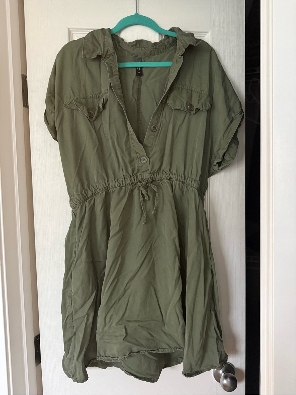 Casual Drawstring Waist Shirt Dress in Olive Green
